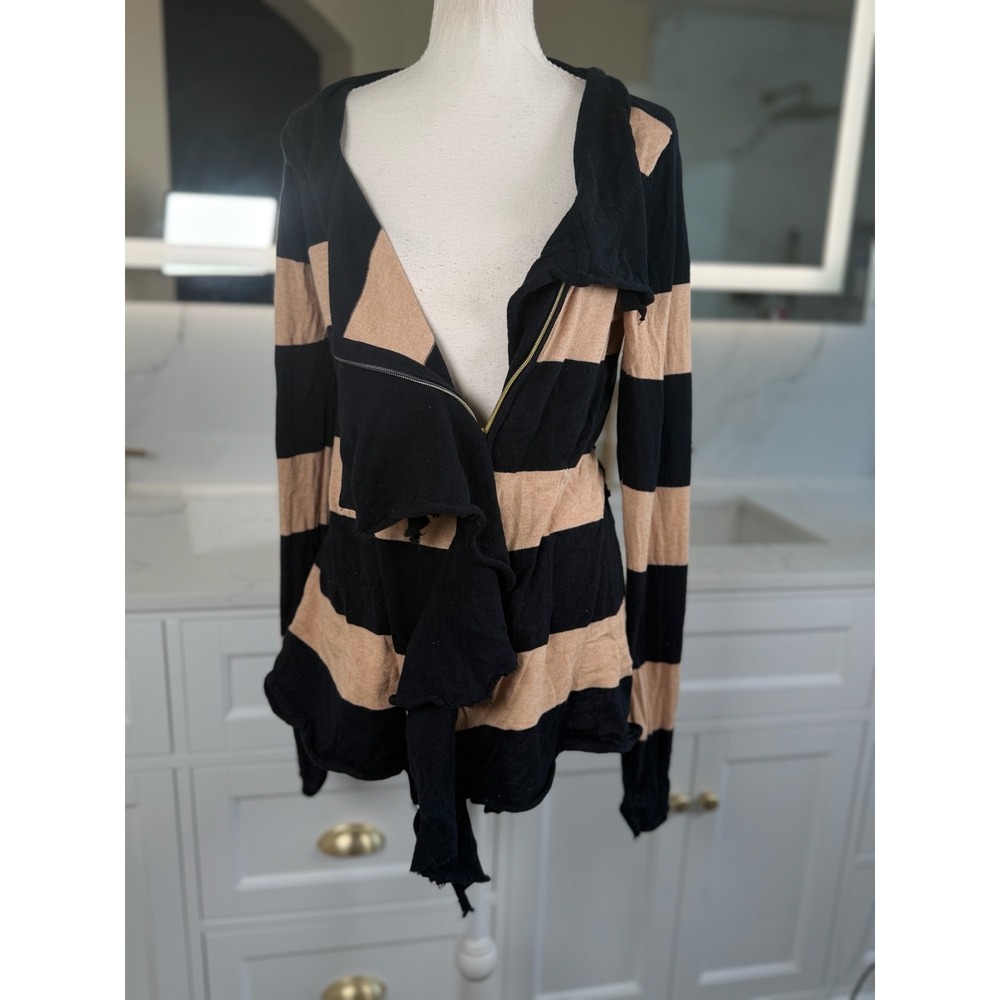 Charlotte Cardigan Women Medium Black Tan Cotton Striped Asymmetric Zip Ruffle